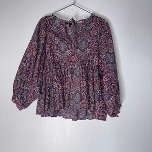 Banana Republic Factory XS Paisley Boho Peasant Peplum Blouse‎ Balloon Sleeve